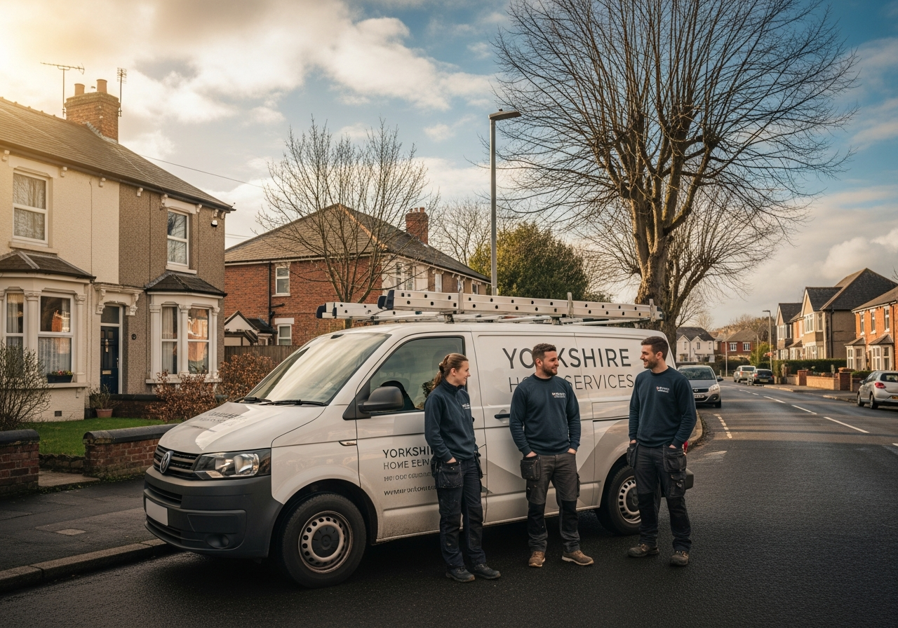 Team with branded work van outside a British home in Sheffield and South Yorkshire