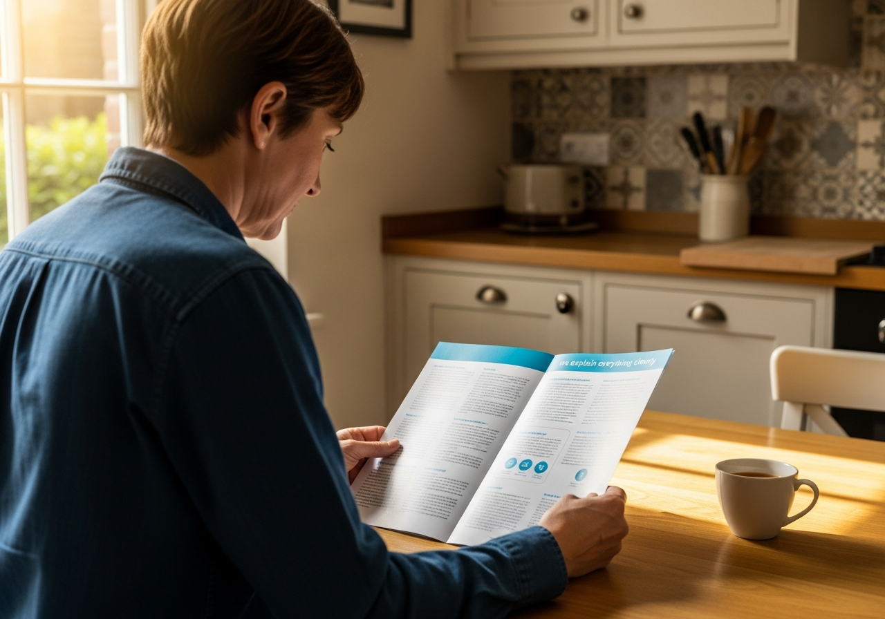 Homeowner reading information leaflet about home improvement services