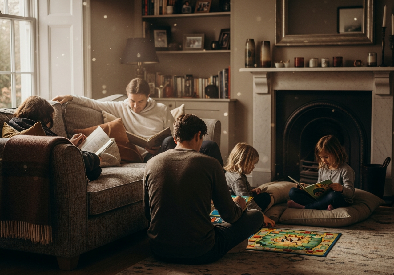 Family relaxing comfortably in a well-maintained British home — the result of professional contractor work